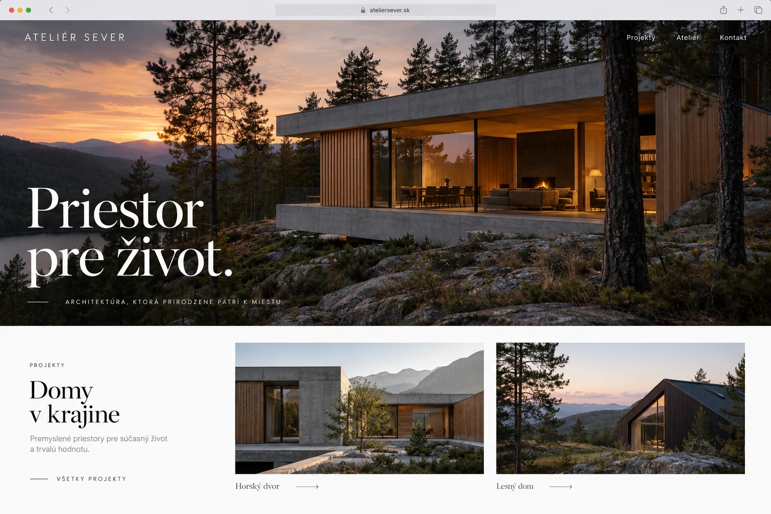 Dizajnový koncept architektonického webu s moderným domom v lese.