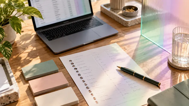 Tabuľka v notebooku a papierová evidencia kontaktov na pracovnom stole.