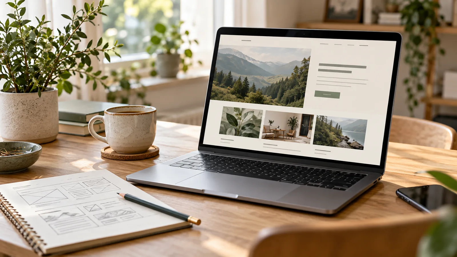 Ilustračná fotografia návrhu firemného webu v notebooku a papierovej štruktúry stránky.