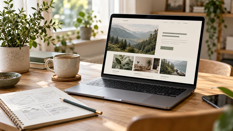 Ilustračná fotografia návrhu firemného webu v notebooku a papierovej štruktúry stránky.